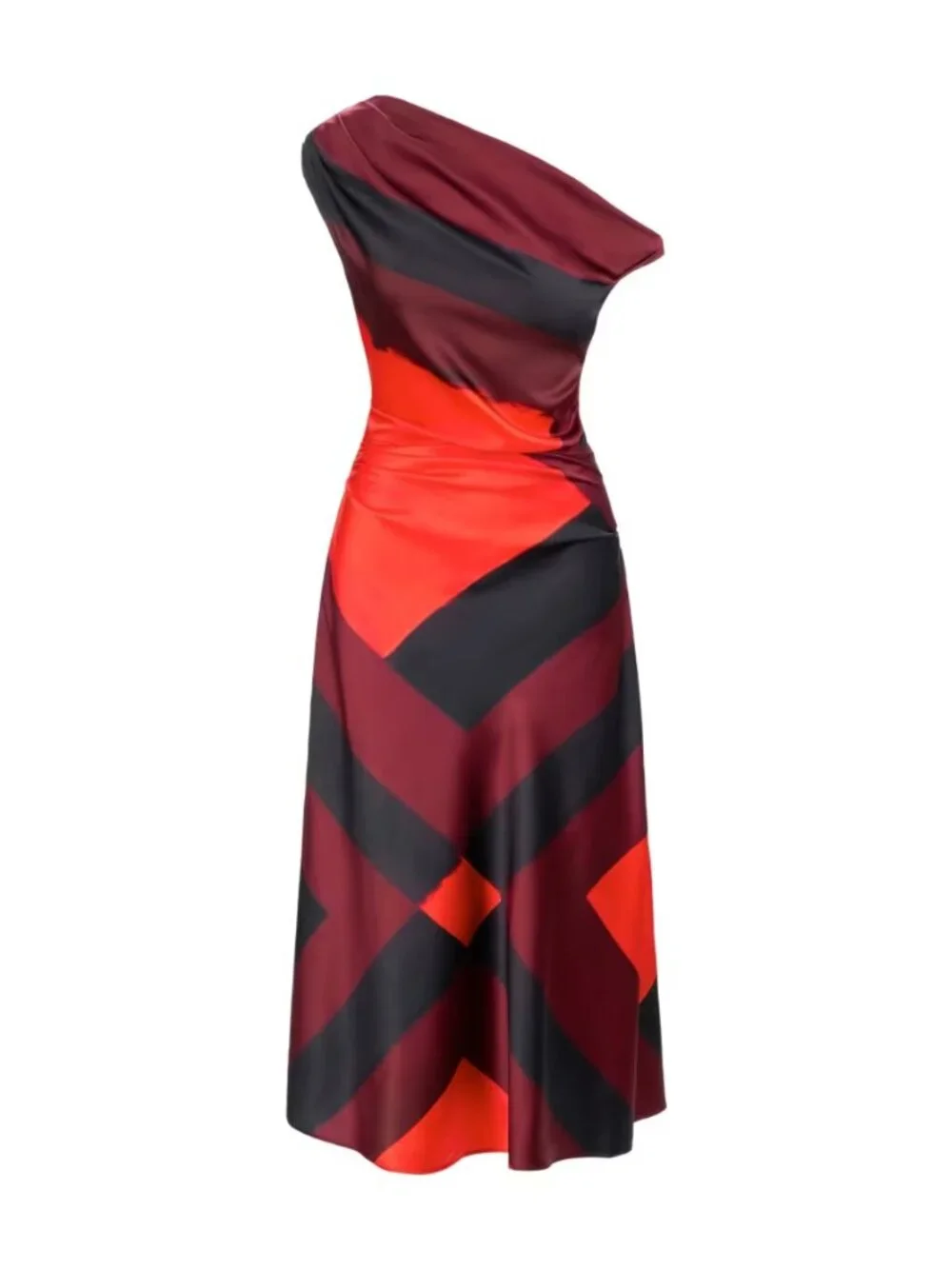 STAUD Phare One-Shoulder Silk Midi Dress Ruby Prism Size 6